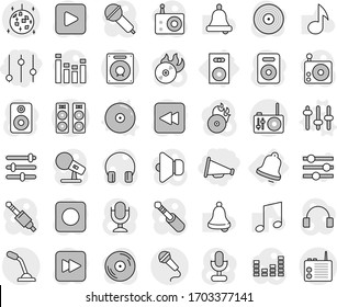 Editable thin line isolated vector icon set - equalizer, loudspeaker, disco ball, speaker, bell, setup vector, cd, music, disk, hit, microphone, radio, headphones, play button, forward, backward