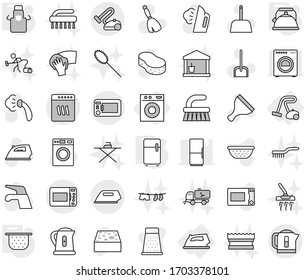 Editable thin line isolated vector icon set - iron, washing machine, vacuum cleaner, kettle, colander, apron, fridge, scraper vector, broom, water tap, fetlock, scoop, sponge, steaming, washer