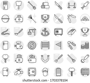 Editable thin line isolated vector icon set - dollar coin, tooth implant vector, scalpel, loading, rack, anchor, vip fence, safe, water tap, fridge, pipes, walnut crack, ladle, big fork, toaster