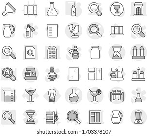Editable thin line isolated vector icon set - magnifier vector, test vial, flask, building, window, arch, cargo top sign, sand clock, broken, cocktail, bulb, coffee maker, vegetable oil, scraper
