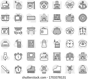Editable thin line isolated vector icon set - bow, purse, tv, windmill, phone, anchor, service bell, wardrobe, dresser, stool, fireplace, mobile vector, hand mill, cooking book, wheel, car wash, pen