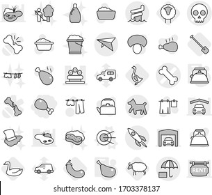 Editable thin line isolated vector icon set - chicken leg, bone vector, skull, flower bed, insurance, rocket, deltaplane, aquapark, dog, satellite, kettle, sheep, shovel, goose, eggplant, foam basin