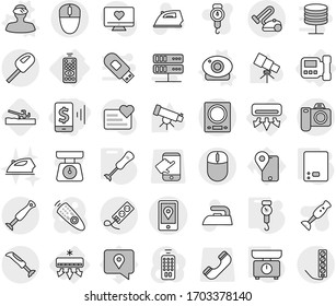 Editable thin line isolated vector icon set - mobile pay, location, air conditioning, remote control, intercome, web camera vector, vr helmet, kitchen scales, handle, blender, soil cutter, iron