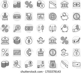 Editable thin line isolated vector icon set - money, percent, library, real estate, house hold vector, bank, japanese candle, crisis, bag, piggy, investment, coin stack, check, building, cent sign