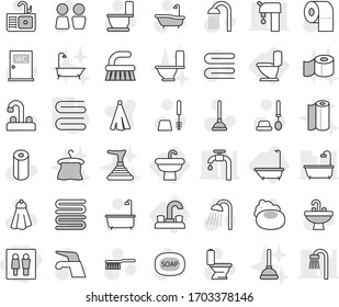 Editable thin line isolated vector icon set - wc, water tap, sink, bath, toilet, towel, soap vector, plunger, fetlock, brush, paper, shower, closet, hanger, supply