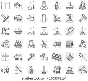Editable thin line isolated vector icon set - washing, vacuum cleaner, filter vector, rag, scraper, trolley, mop, car fetlock, window cleaning, toilet brush, agent, shining, woman, sweeper, wiping