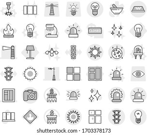 Editable thin line isolated vector icon set - lighthouse, window, outdoor light, traffic, alarm, taxi, sun, disco ball, camera, bulb, floor lamp, vector, led, laser, siren, shining, clean, table