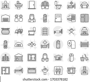 Editable thin line isolated vector icon set - wc, hospital bed vector, hangare, door, arch window, hotel, do not distrub, wardrobe, dresser, crib, toilet, paper, water closet, sink, cleaner woman