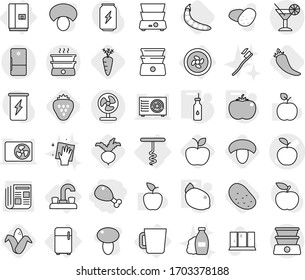 Editable thin line isolated vector icon set - chicken leg, apple vector, cocktail, cooler fan, water tap, fridge, cup, corkscrew, vegetable oil, tomato, lemon, hot pepper, mushroom, corn, beet, peas