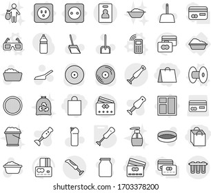 Editable thin line isolated vector icon set - credit card, shopping bag, identity, power socket, washing, window, coil vector, mobile phone, 3d glasses, blender, scoop, foam basin, cleaning agent