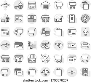 Editable thin line isolated vector icon set - cart, dollar coin, shop, store, shopping bag, delivery, journey, mall, plane, port, consolidated cargo, airplane, garage, vector, credit card, check