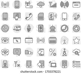 Editable thin line isolated vector icon set - mobile pay, spark plug, phone, calendar vector, goverment house, location, sorting, trailer, checking, wireless, laptop wifi, touchscreen, sim card, no