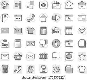 Editable thin line isolated vector icon set - remove from basket, right arrow, ring button, radiator, envelope vector, phone, wireless, browser window, grater, calculator, flag, up, dollar, document