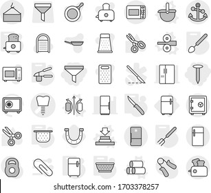 Editable thin line isolated vector icon set - funnel, nail, tooth implant vector, loading crane, anchor, safe, fridge, magnetic field, press, ladle, pipes, metal rolling, colander, garlic clasp, pan