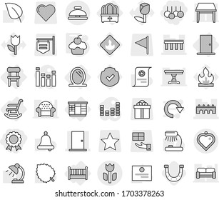 Editable thin line isolated vector icon set - sale, medal, bridge, door, perishable, heart pendant, service bell, mirror, wardrobe, dresser, chair, crib, rocking, cupcake, horseshoe, vector, leaf