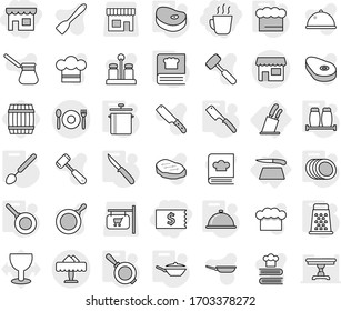 Editable thin line isolated vector icon set - receipt, shop, hot drink, cafe, restaurant, cutting board, stands for knives, pan, chief hat, big spoon, knife, chef, cooking book, salt pepper, plates