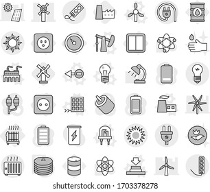 Editable thin line isolated vector icon set - windmill, sun, barometer, power socket, switch, radiator, electron vector, bulb, led, factory, press, oil pump, solar panel, pancakes, hand drop, atom