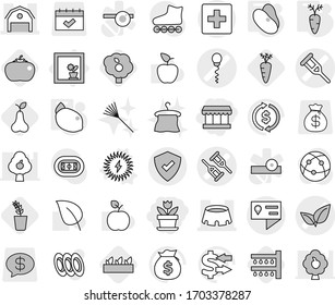 Editable thin line isolated vector icon set - market, flower, crutch vector, sperm, leafs, barn, stadium, location details, protected, first aid, in window, solar power, beans, carrot, lemon, pear