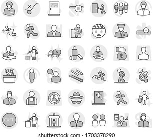 Editable thin line isolated vector icon set - architector, client, support manager, customs, do not trolley sign, courier delivery, security man, workman, confidential, tourist, detector, passenger