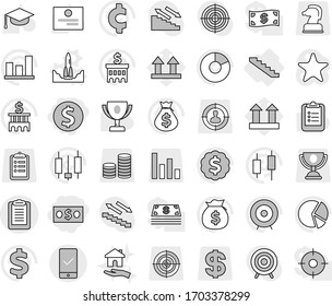 Editable thin line isolated vector icon set - dollar coin, money, clipboard, mobile checking, stairs, rocket start vector, housing, graduate hat, award cup, certificate, graph, pie, japanese candle