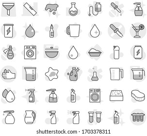 Editable thin line isolated vector icon set - cleanser, pipette vector, level, acid, cocktail, washing machine, cup, cauldron, measuring, sponge, water drop, splotch, liquid soap, sprayer, spot, jug