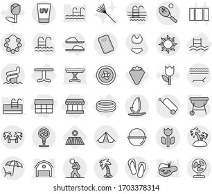 Editable thin line isolated vector icon set - market, barn, perishable, tourist, suitcase, tent, lounger, sun, uv cream, palm, island, hawaiian wreath, aquapark, tennis, hammock, inflatable mattress