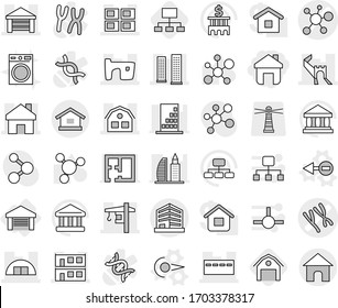 Editable thin line isolated vector icon set - home, chromosomes vector, virus, greate wall, skyscrapers, bunker, slum, garage, hangare, modular house, panel, tower crane, office, photon, electron