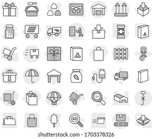 Editable thin line isolated vector icon set - gift, shopping bag, delivery, cargo stoller, warehouse, dry, top sign, do not hook, courier, hi quality package, transporter tape, pallet, parachute, no