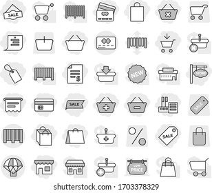 Editable thin line isolated vector icon set - add to cart, basket, credit card, account balance, remove from, delete, shop, store, shopping list, bag, label, sale, atm receipt, signboard, bar code