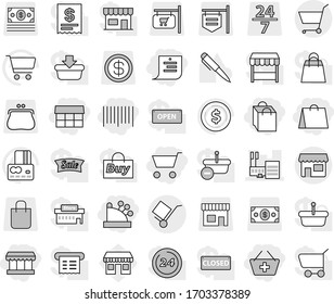 Editable thin line isolated vector icon set - cart, add to basket, market, shopping list, bag, bar code, cashbox, mall, trolley, shop, pen vector, dollar coin, credit card, office, signboard, purse