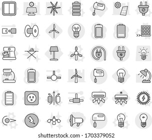 Editable thin line isolated vector icon set - megafon, bulb, air conditioning, electricity, power socket, switch, mixer, coffee maker, floor lamp, photon vector, magnetic field, plug, coil, windmill