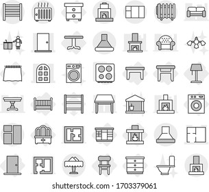 Editable thin line isolated vector icon set - door, arch window, plan, rack, restaurant, curtain, table, nightstand, chest of drawers, wardrobe, dresser, stool, chair, crib, washing machine, hob