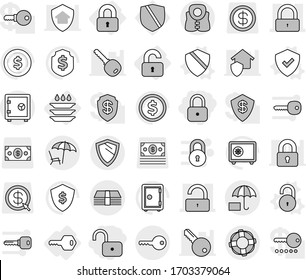Editable thin line isolated vector icon set - lock, unlock, money, insurance, lounger, key, safe, shield, life vest, lifebuoy, locked, unlocked, plate washing, vector, dollar coin, protected, arrow
