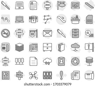Editable thin line isolated vector icon set - shop signboard, singlepost, mail, archive vector, escalator, reception, signpost, stairs, cloud, sim card, pen, notebook pc, document, laptop graph