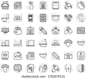 Editable thin line isolated vector icon set - account balance, recipe vector, dropper, ear, archive, ruler, building, greenhouse, sms, detector, bungalow, bath, analytics, colander, mushroom, beans