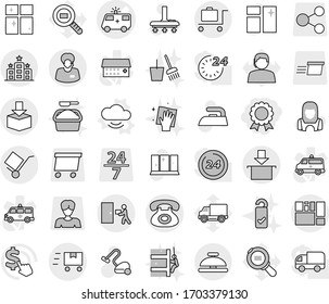 Editable thin line isolated vector icon set - medal, ambulance car vector, phone, support manager, consolidated cargo, trolley, courier delivery, package, fast deliver, baggage, hotel, service bell
