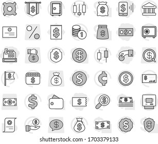 Editable Thin Line Isolated Vector Icon Set - Hand Coin, Dollar, Money, Receipt, Mobile Pay, Cashbox, Atm, Certificate Vector, Bank, Japanese Candle, Bag, Investment, Stack, Check, Search, Medal