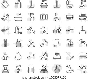 Editable thin line isolated vector icon set - cleanser, plunger vector, scraper, cleaner trolley, vacuum, fetlock, mop, scoop, rake, clothespin, towel, trash bin, water drop, car, iron, steaming