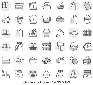 Editable thin line isolated vector icon set - pool, inflatable mattress, windsurfing, water tap, radiator, kettle, measuring cup, fish, watering, bucket, scraper vector, sponge, drop, bath, shower