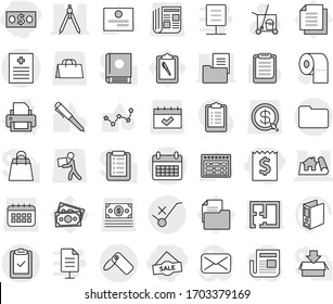 Editable thin line isolated vector icon set - money, receipt, sale, recipe vector, project, drawing compasses, calendar, clipboard check, documents, do not trolley sign, label, printer, cleaner, pen