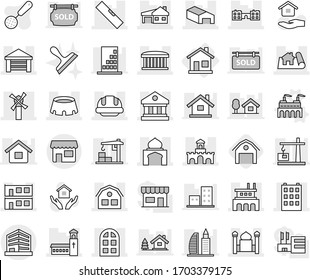 Editable thin line isolated vector icon set - project, library, building, airport, church, minaret, garage, warehouse, house with, modular, factory, school, windmill, fort, arch window, level, shop