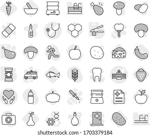 Editable thin line isolated vector icon set - stethoscope vector, hospital, health care, dna edit, garlic clasp, pasta, chicken leg, mortar, honeycombs, mushroom, eggplant, apple, pear, fish, carrot