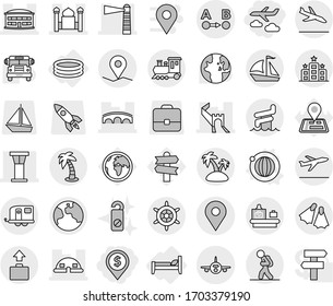 Editable thin line isolated vector icon set - dollar pin, journey, greate wall, airport building, tower, lighthouse, minaret, dome house, bridge, geo, route a to b, plane, earth, train, trailer, bed