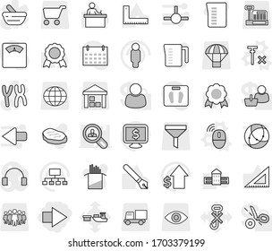 Editable Thin Line Isolated Vector Icon Set - Right Arrow, Wireless Mouse Vector, No Signal, Measuring Cup, Pasta, Steak, Pen, School Building, Corner Ruler, Student, Medal, Dollar Growth, Man, Port