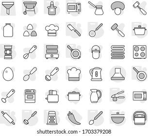 Editable thin line isolated vector icon set - pan, cauldron, cook hat, apron, garlic clasp, whisk, skimmer, big spoon, chef knife, rolling pin, microwave oven, double boiler, bbq, grater, pasta, jug