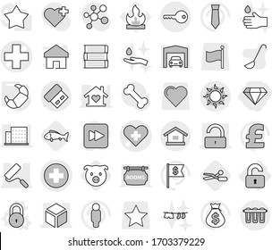 Editable thin line isolated vector icon set - diamond, medical cross vector, heart, 3d, unlock, repair, sun, key, unlocked, lock, croissant, scissors, pig, fish, hand drop, and, drying clothe, ladle
