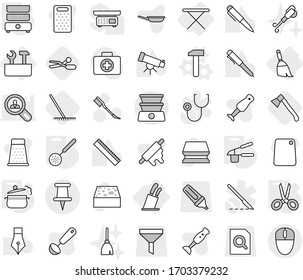 Editable thin line isolated vector icon set - pin, iron board, broom, stands for knives, repair tools, hammer vector, steam pan, garlic clasp, skimmer, scissors, double boiler, rake, axe, sponge