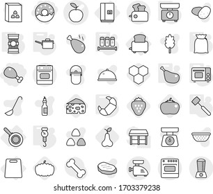 Editable thin line isolated vector icon set - chicken leg, donut, apple vector, fridge, toaster, cutting board, pan, saute, kitchen scales, handle, meat hammer, grill oven, spices, flour, pasta, oil