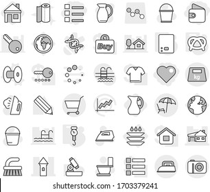 Editable thin line isolated vector icon set - wallet, heart, list, tower, house with garage, heavy, lounger, cart, plate washing, coil vector, kitchen scales, handle, pretzel, jug, fetlock, bucket