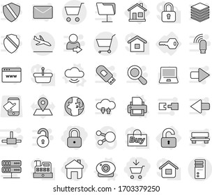 Editable thin line isolated vector icon set - add to cart, lock, home, arrival, unlocked, key, cloud service vector, printer, web camera, notebook pc, world, map pin, touch, social media, connect